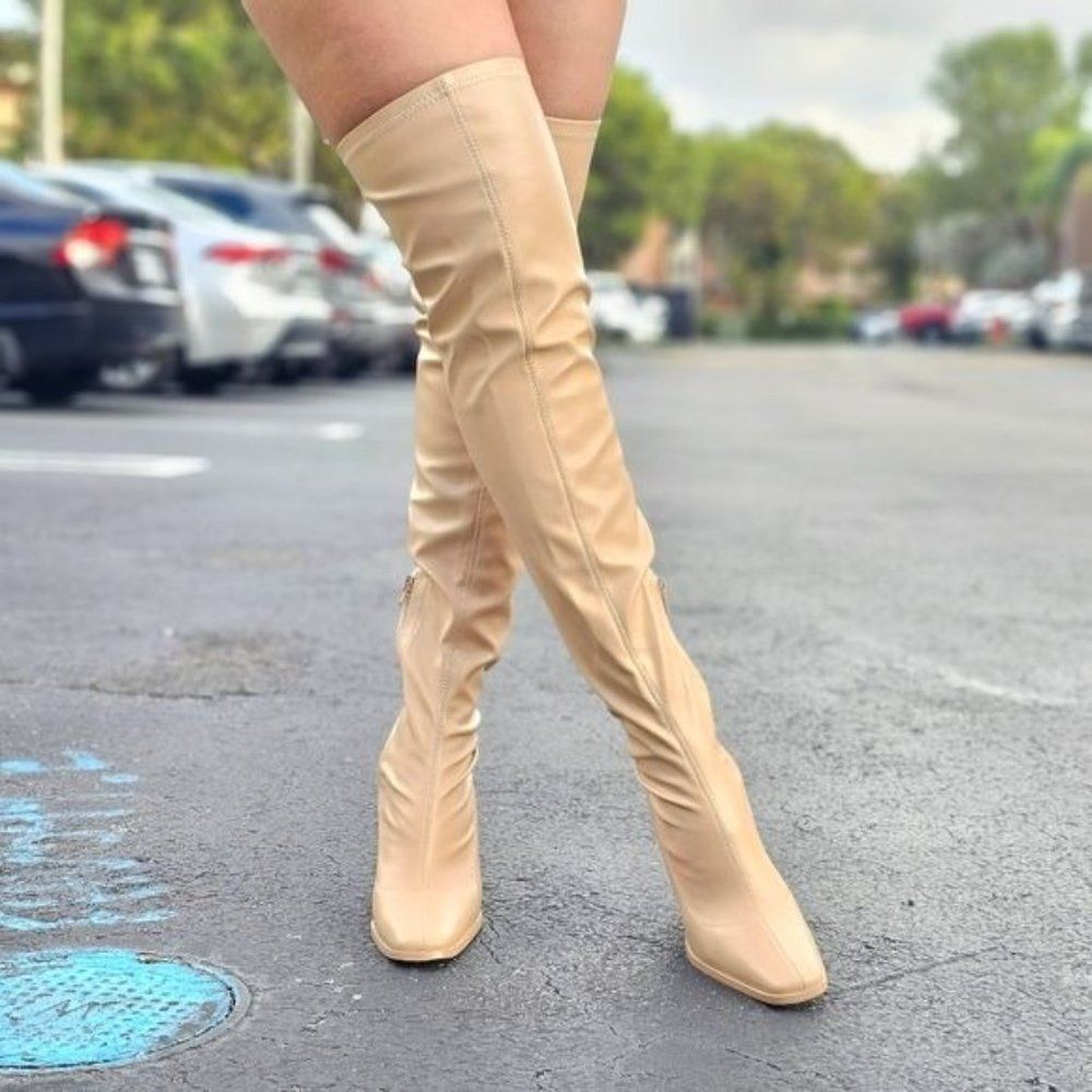 Women's Thigh High Over the Knee Boots Chunky Heel Nude Color - Picture 3 of 7